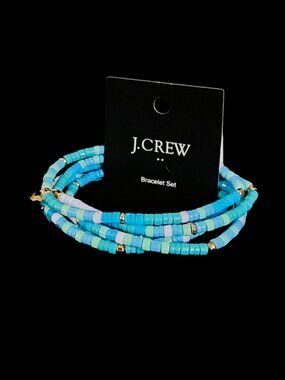 NWT J.Crew Beaded Stretch Bracelet Set of 5 Blue Turquoise Gold Stack BG982